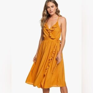 Roxy Ruffle Wrap Midi Women’s Summer Dress Size XS (US 0-1) Mustard Inca Gold